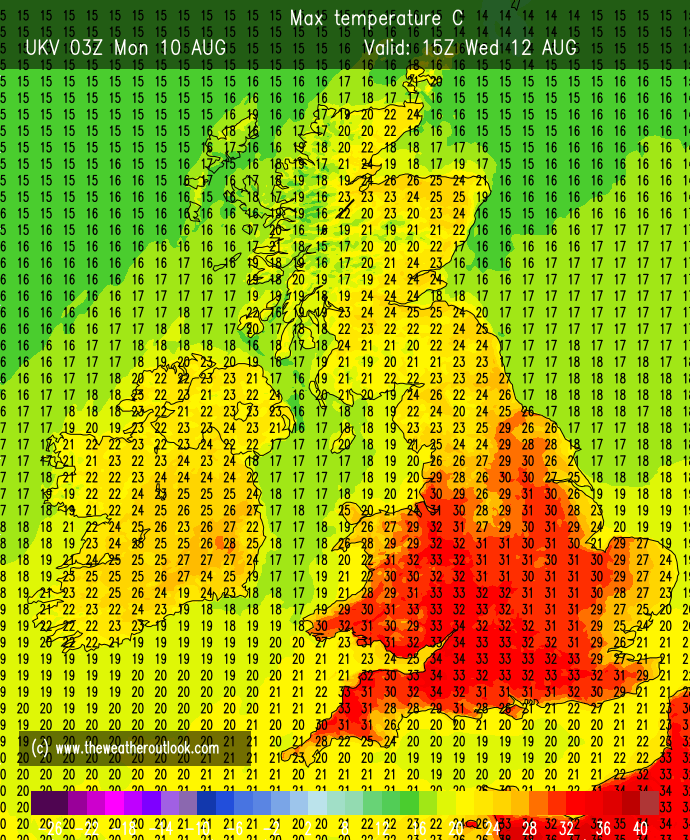 MarkVogan's tweet photo. HOT Wed &amp; particularly Thu coming up.

Back at the end of May in my summer forecast I had a 38C predicted for August! Let's see. https://t.co/wYcbmJQhlK