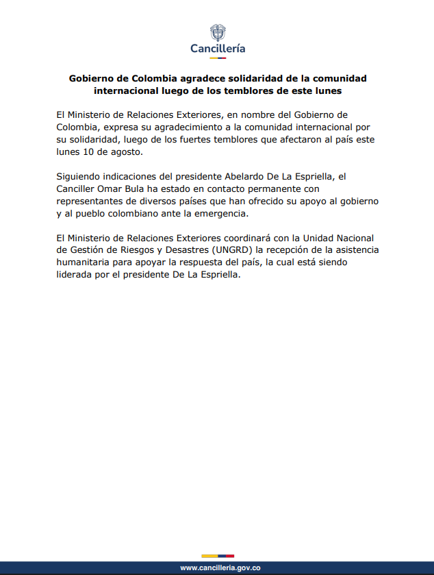 CancilleriaCol's tweet photo. Gobierno de Colombia agradece solidaridad de la comunidad internacional luego de los temblores de este lunes. https://t.co/xabwguaDGQ