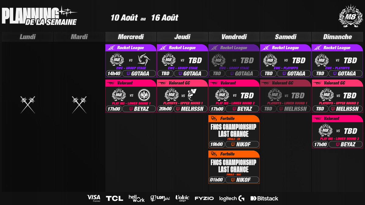 gentlemates's tweet photo. Le planning de cette semaine #M8WIN

On retrouve enfin notre roster Rocket League ! https://t.co/aucFGfJ6Lq