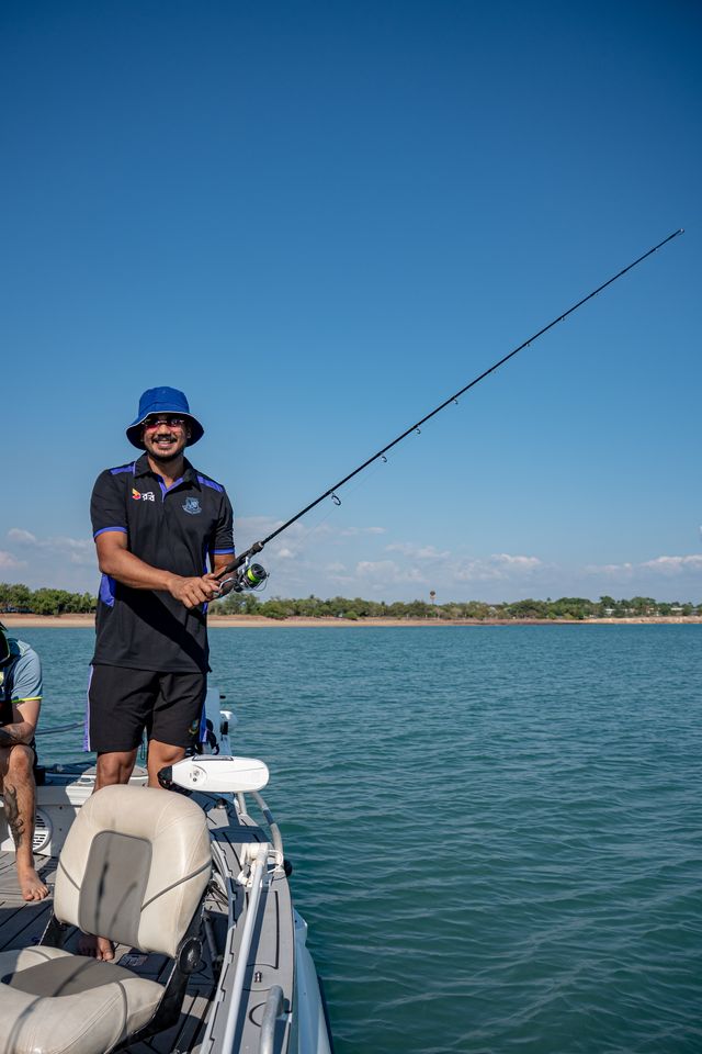 criczonecomau's tweet photo. A uniquely Darwin media moment 🏏

Australia’s Alex Carey and Jake Weatherald joined Bangladesh’s Taskin Ahmed at the Darwin Waterfront for a fishing-themed series launch.

The trio hit the water for a short fishing trip, interviews and a special photo call ahead of the action. https://t.co/aYkppyLWAX