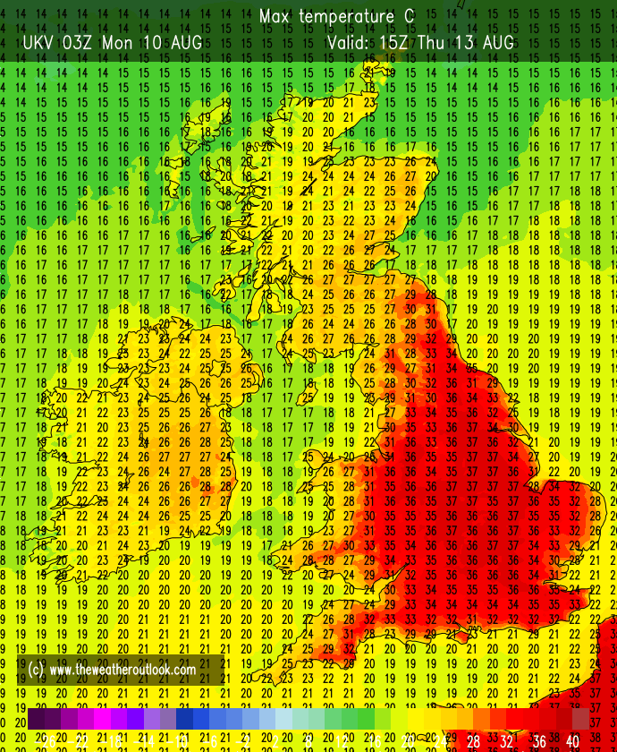 MarkVogan's tweet photo. HOT Wed &amp; particularly Thu coming up.

Back at the end of May in my summer forecast I had a 38C predicted for August! Let's see. https://t.co/wYcbmJQhlK
