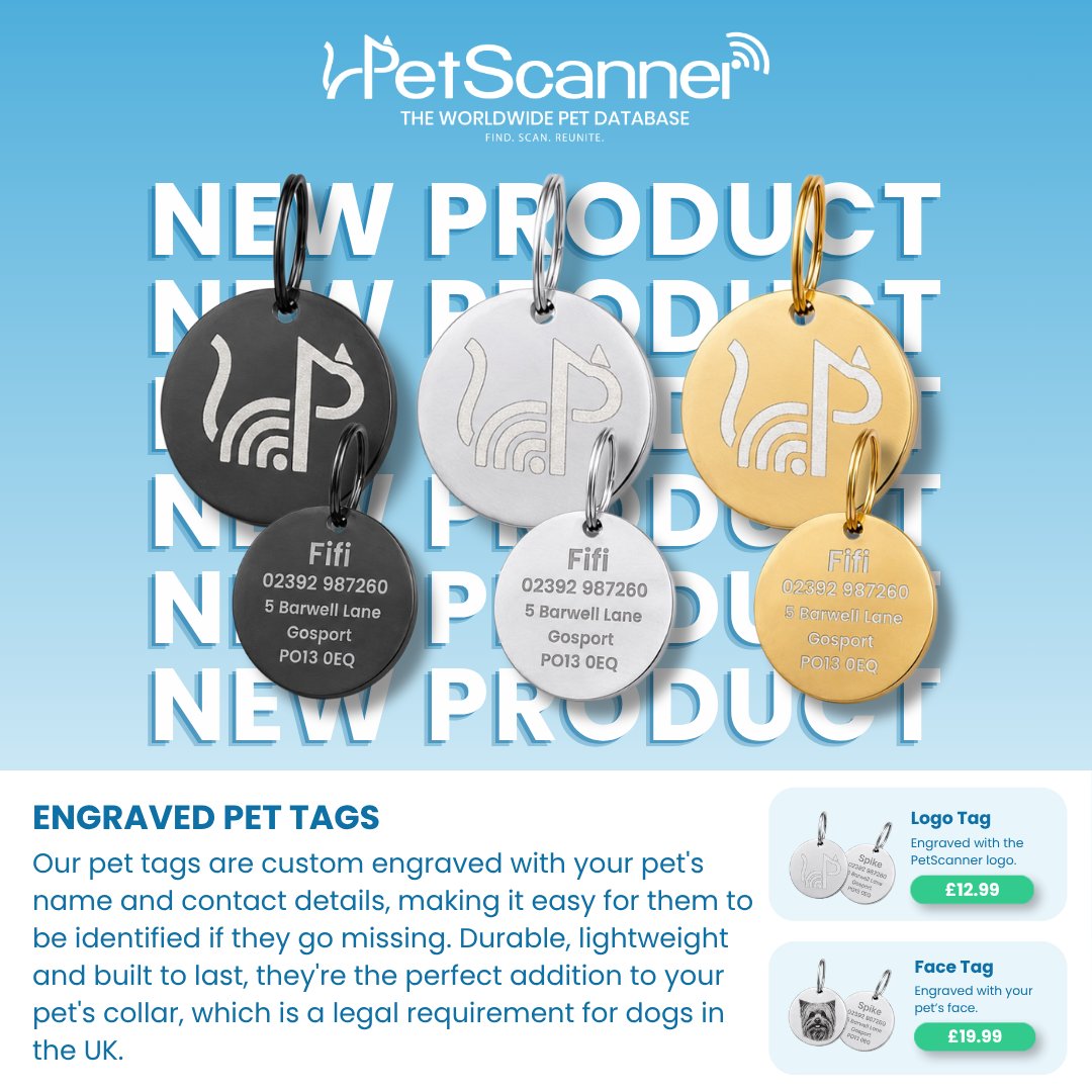 petscanner's tweet photo. Engraved Pet ID Tags 🏷️
Logo Tag: £12.99
Pet Face: Tag £19.99
Shop now: https://t.co/Rfp01qPoyC
#PetScanner #PetIDTag #DogIDTag #PersonalisedDogTag #EngravedPetTag #DogTag #PetSafety #DogSafety #DogAccessories #PetAccessories #DogOwnersUK https://t.co/3bEKUGQKb6