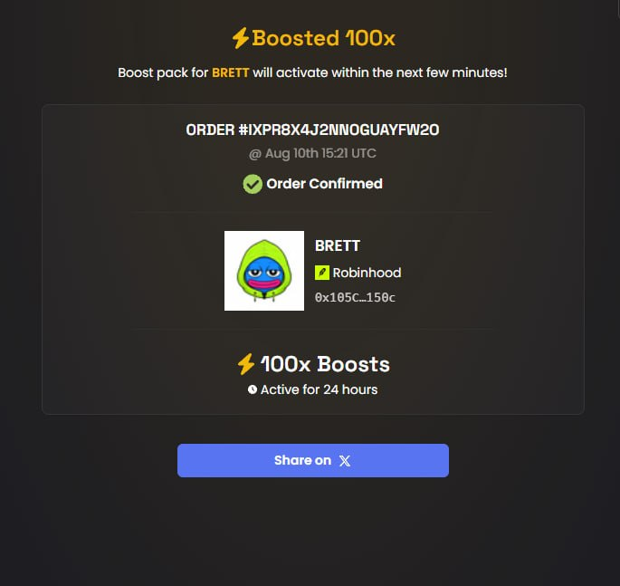 BrettonHood_'s tweet photo. 100x boost paid for $BRETT https://t.co/wo0Y2CHSPU
