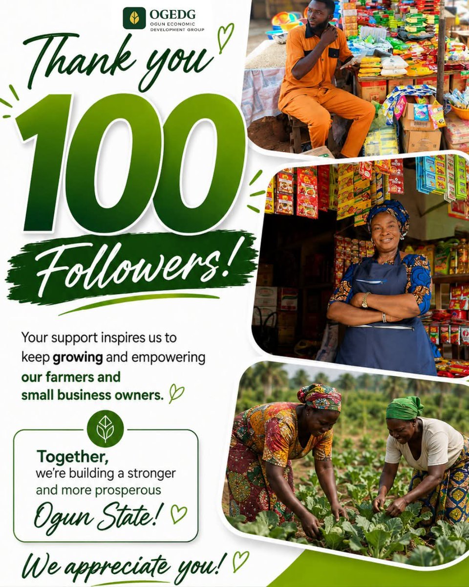 ogedg's tweet photo. 100 strong and growing! 💚
Thank you to all our members, partners &amp; supporters.
Let’s keep building a stronger Ogun.
@ogedg , Empowering OGUN's Future✊🏼✨

#OGEDG #ogun #ogunstate #ogunfarmers #smallbusinessowner https://t.co/yZxq1M77fA