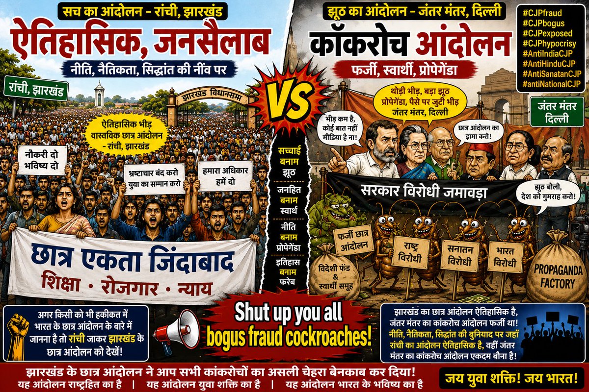 NikhilAnandBJP's tweet photo. झारखंड के छात्र आंदोलन ने दिल्ली में हुए कॉकरोच आंदोलन को पूरी तरह बेनकाब और एक्सपोज कर दिया। एक ओर रांची में मूलतः छात्रों का आंदोलन था तो दूसरी तरफ जंतर-मंतर पर कॉकरोच के नाम पर आम आदमी पार्टी, वामपंथी दल, कांग्रेस सहित समस्त देश विरोधियों और हिंदू विरोधियों का जमावड़ा था। रांची के ऐतिहासिक शांतिपूर्ण विधानसभा मार्च को आप सपना देखा होगा और सभी को कॉकरोच का संसद मार्च भी याद होगा की कितनी भयंकर हिंसा हुई, पुलिस- प्रशासन के लोगों को तोड़फोड़ किया गया और सरकारी संपत्ति को नुकसान पहुंचाया गया।
राहुल गांधी और सभी कोकरोच झारखंड के पेपर लीक और नौकरी निलामी के मामले में चुप्पी साधे हुए हैं। झारखंड के छात्र आंदोलन कि कांग्रेस ने अनदेखी क्यों की? झारखंड में पेपर लीक, परीक्षा में सेटिंग और नौकरी की बिक्री- नीलामी के कारोबार का मुख्य सरगना हेमंत सोरेन है जिसका कमीशन कांग्रेस भी लेती है।#CJPfraud #CJPbogus #CJPexposed #CJPhypocrisy #AntiIndiaCJP #AntiHinduCJP #AntiSanatanCJP #antiNationalCJP
#झारखंड #भारत #Jharkhand #India @BJP4India @PMOIndia @HMOIndia @AmitShah @blsanthosh @NitinNabin @dpradhanbjp @BJP4Bihar @BJP4Jharkhand @BJP4Delhi @OfcNitinNabin @v_shrivsatish @amitmalviya @sambitswaraj @byadavbjp @BJP4Odisha @BJP4MP @KirenRijiju @NamoApp @BJP4Gujarat @KirenRijiju @PiyushGoyal @JPNadda @chshekharbjp @dprakashbjp @DrJitendraSingh @narendramodi_in @AmitShahOffice @nityanandraibjp @sanjayjaiswalMP @HitanandSharma @NagendraNathBJP