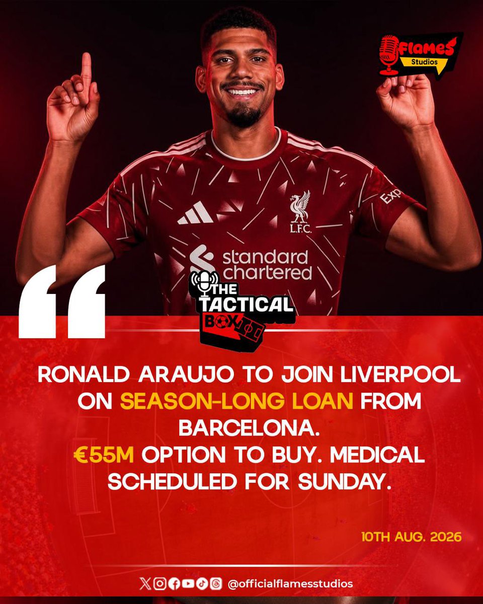 flamesstudios's tweet photo. 🚨 TRANSFER UPDATE: Araújo to Liverpool, Solomon to West Ham, Rodri wanted by Barça, while Chalobah joins Como. 🔥⚽
The transfer window is heating up! 🔥
#tacticalbox #footballtransfers #footballnews #flamesstudios https://t.co/0j3tAPCFjZ