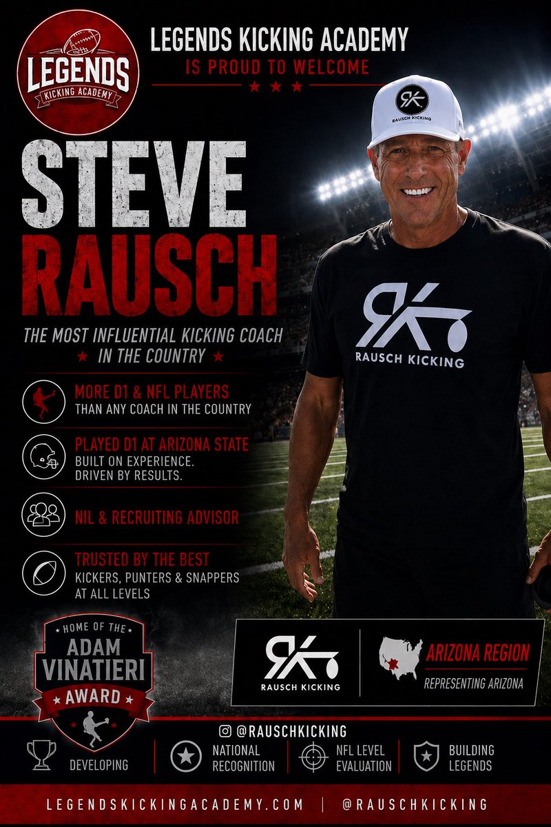 steverausch17's tweet photo. 🚨BIG NEWS🚨

Rausch Kicking is proud to partner with @legendskicking (LKA) and Pro Football Hall of Famer @adamvinatieri to identify the nation’s top high school specialists.
•
The journey begins with 17 Regional Showcases across the country, where athletes will compete for an invitation to the National Showcase Championship in Indiana. There, Adam Vinatieri will be on-site to evaluate the nation’s top kickers and punters, meet with finalists, and personally present the prestigious "Adam Vinatieri Award" to the country’s top high school specialist.
•
2027 Tour Schedule: (17 Regional Showcases nationwide ~ March 6 to June 27th)
~ Save the date: Az camp ~ April 17-18th) 
💥Earn an invitation to the National Showcase Championship in Westfield,  Indiana (July 31 – Aug. 1)
#Rauschkicking