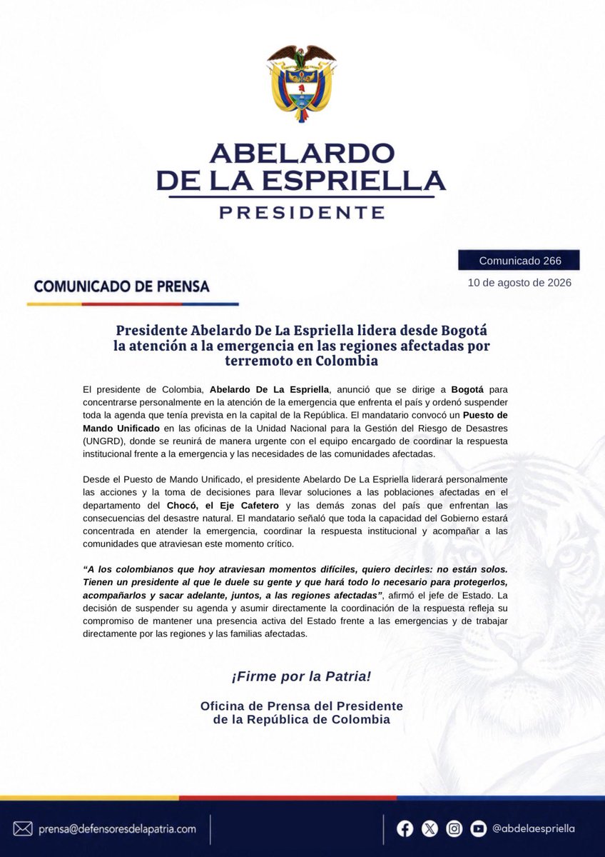 defensoresco's tweet photo. #ATENCIÓN | El presidente de la República, Abelardo De La Espriella (@ABDELAESPRIELLA), suspendió su agenda en Bogotá para concentrarse en la atención de la emergencia ocasionada por el terremoto.

Desde un Puesto de Mando Unificado en la UNGRD, liderará personalmente la respuesta institucional para atender a las comunidades afectadas en Chocó, el Eje Cafetero y otras zonas del país.