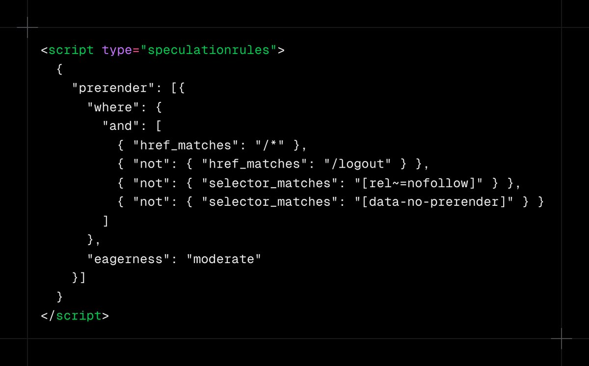 midudev's tweet photo. ¿Quieres que tu web se sienta instantánea?

<script type="speculationrules"> permite prerenderizar la siguiente página ANTES de que el usuario haga click.

Por ejemplo al pasar el ratón por un enlace.
Es un estándar web. Sólo HTML. Sin librerías. https://t.co/fSjIwayzrp