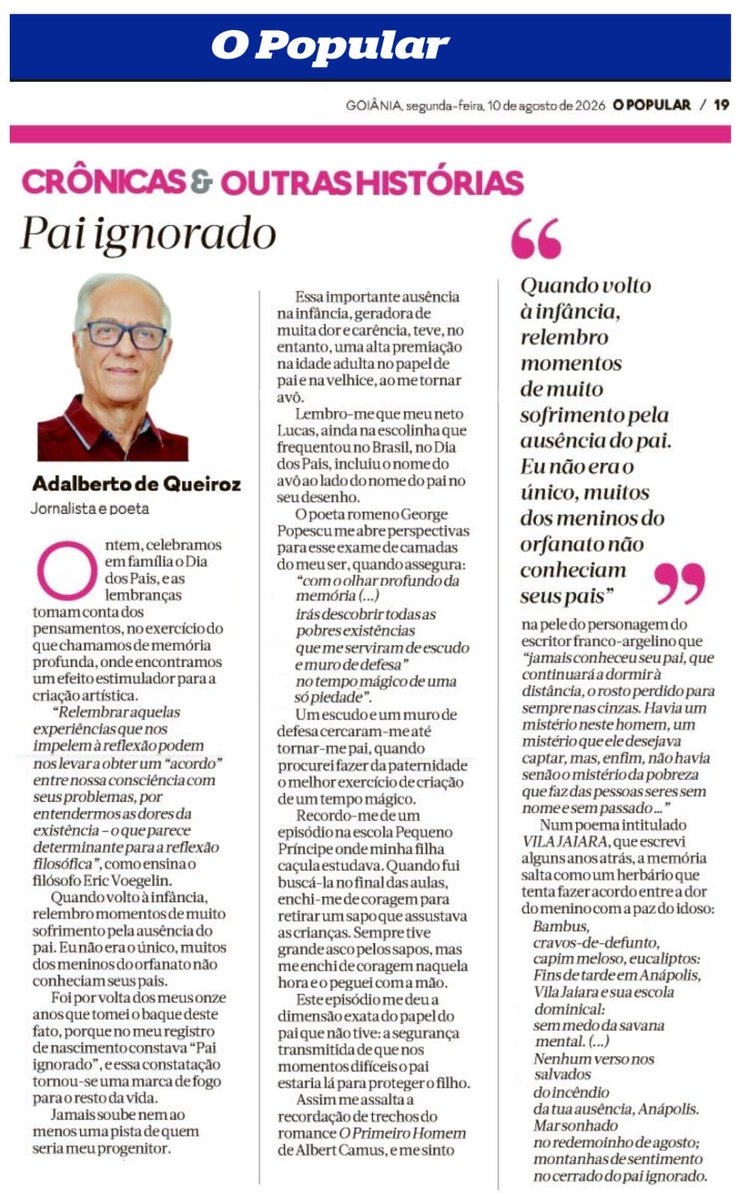 Murilo_Poeta's tweet photo. Na crônica de hoje no @jornal_opopular, compartilho uma reflexão profunda sobre memória, paternidade e as marcas do tempo.

⁠#OPopular⁠ ⁠#Crônica⁠ ⁠#Paternidade⁠ ⁠#DiaDosPais⁠ ⁠#LiteraturaBrasileira⁠ ⁠#AdalbertodeQueiroz⁠ ⁠#Memória⁠ ⁠#Poesia⁠ ⁠#Leitura https://t.co/wKa7O6Ylm6