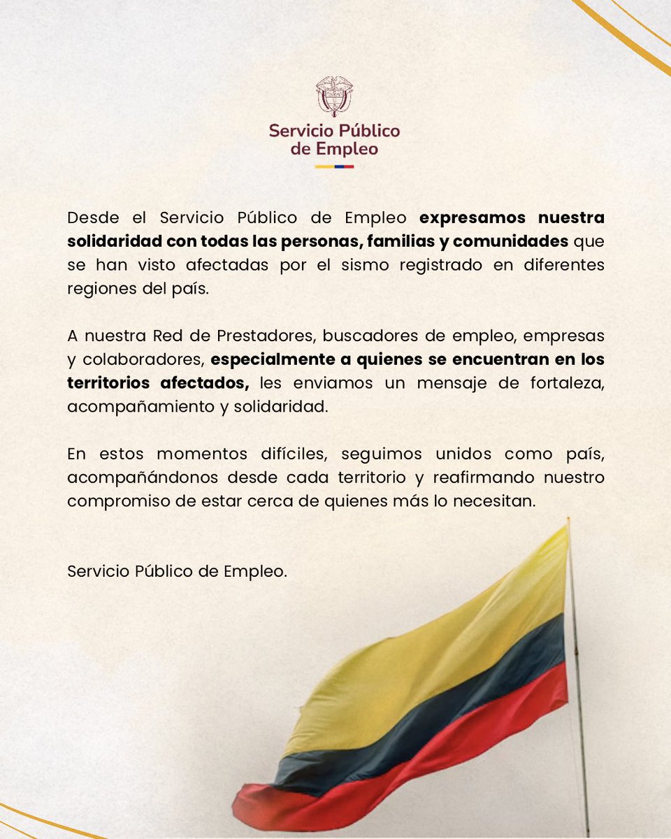 ServiciodEmpleo's tweet photo. Desde el Servicio Público de Empleo enviamos un mensaje de solidaridad, fortaleza y acompañamiento a las personas y comunidades afectadas por el sismo. 🤝
En los momentos difíciles, Colombia permanece unida. https://t.co/phNxONmXds