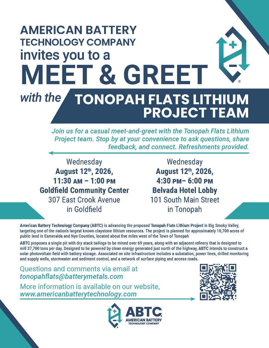 abt_company's tweet photo. ABTC invites residents of Esmeralda County and the Town of Tonopah to an informal gathering to meet ABTC's Tonopah Flats Lithium Project team.

Join us for a casual Meet & Greet on Wednesday, August 12th, 2026.

Goldfield Community Center
307 East Crook Avenue, Goldfield | 11:30 AM – 1:00 PM

Belvada Hotel Lobby
101 South Main Street, Tonopah4:30 PM – 6:00 PM

Refreshments will be provided. This is an open, informal session and an opportunity to engage directly with our team to learn more about a project that will shape the future of domestic energy production.

For additional information, please visit https://t.co/khooaZZF4j or contact us directly at tonopahflats@batterymetals.com.
