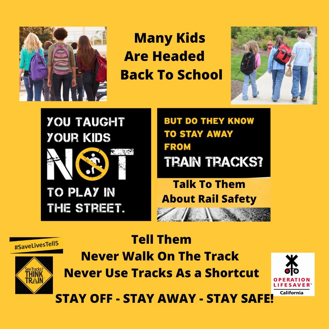 CAOpLifeSaver's tweet photo. Kids head back to school over the next several weeks.
We can help keep them safe by talking about rail safety.
Teach kids: Never walk or bike on train tracks, never use tracks as a shortcut. #Dangerous #Illegal
Stay Off. Stay Away. Stay Safe!
#ShareTheMessage #SaveLivesTell5 https://t.co/XA7XNON8V6