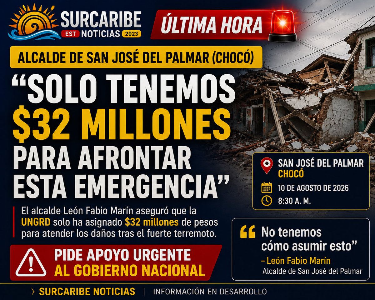 ahju21's tweet photo. Ya que @petrogustavo habla de la UNGRD, El alcalde de San José del Palmar, León Fabio Marín, aseguró que cuentan con solo $32 millones del fondo de la UNGRD para afrontar la emergencia ocasionada por el fuerte terremoto. https://t.co/L5WXgXKoMs