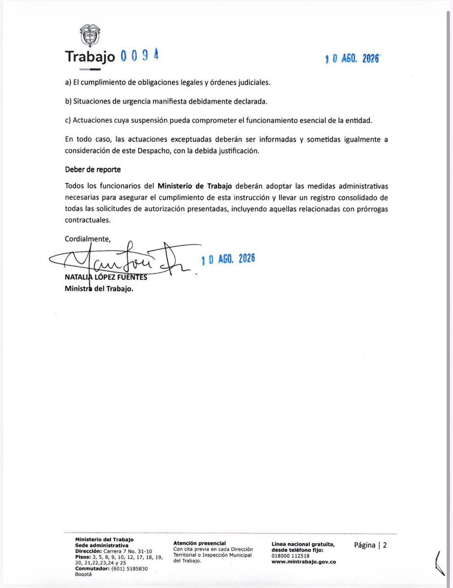 MintrabajoCol's tweet photo. El #MinTrabajo establece, mediante la Circular Interna 0094 de 2026, una directriz temporal sobre contratación, prórrogas contractuales y vinculación de personal hasta el 20 de agosto.

🧵 https://t.co/JVZSC3jpR3
