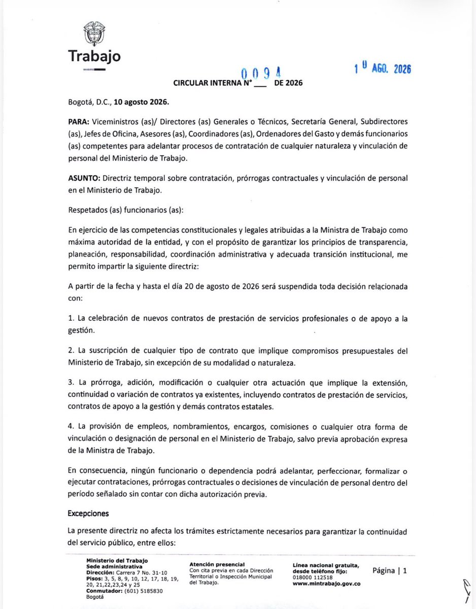 MintrabajoCol's tweet photo. El #MinTrabajo establece, mediante la Circular Interna 0094 de 2026, una directriz temporal sobre contratación, prórrogas contractuales y vinculación de personal hasta el 20 de agosto.

🧵 https://t.co/JVZSC3jpR3