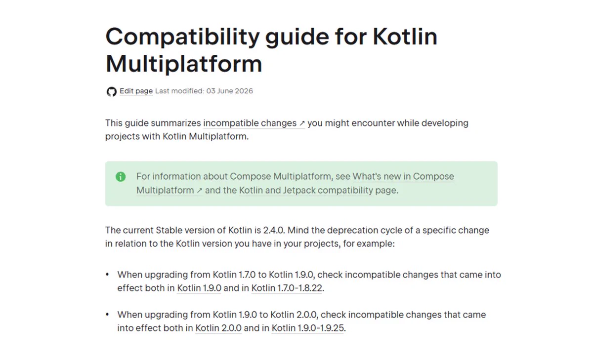 This image is a screenshot of a document titled "Compatibility guide for Kotlin Multiplatform," with a last modified date of June 3, 2026. It provides guidance on handling incompatibilities in projects using Kotlin Multiplatform. A green box highlights a suggestion to learn about Compose Multiplatform and the Kotlin and Jetpack compatibility page. The guide details the current stable version of Kotlin, 2.4.0, and discusses the deprecation cycle and version-specific upgrade instructions.