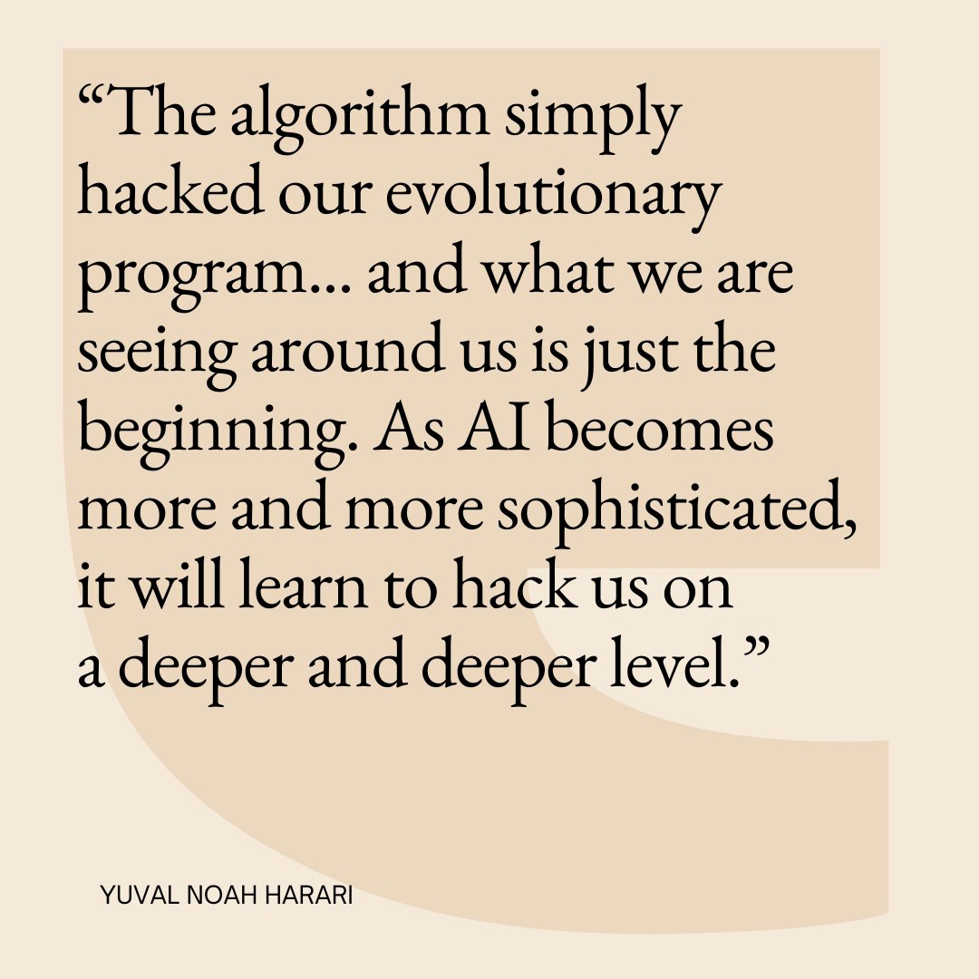 harari_yuval's tweet photo. Evolution has programmed us to drop everything when we see something exciting. AI has already hacked how to keep our attention, and then shows us more and more as we scroll social media – snake! Berry! Snake! Berry! How can we fight back against this?

From the @nytopinion podcast with @ezraklein. Watch the whole episode: https://t.co/vezfpz5PjP