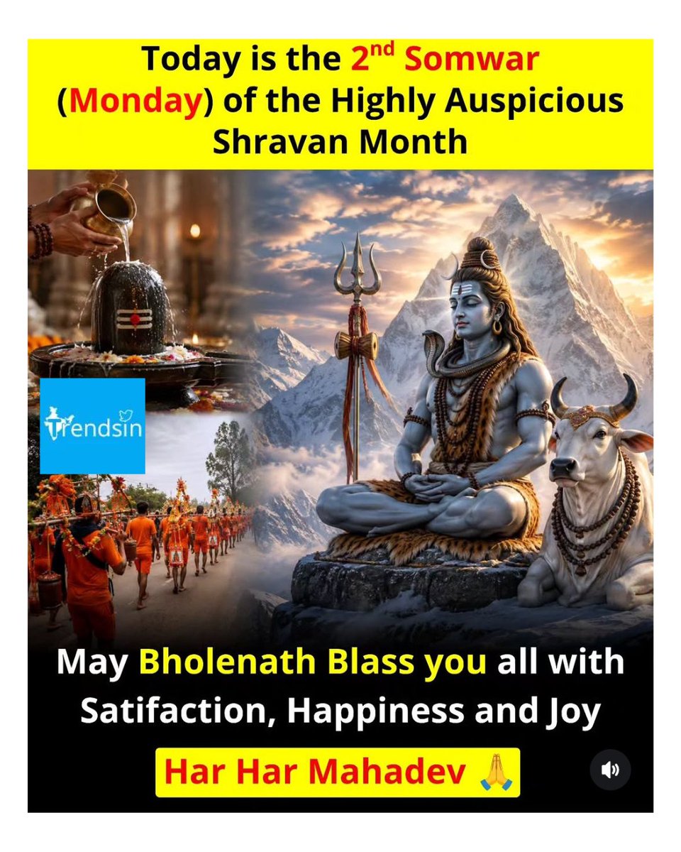 TrendsIn_India's tweet photo. भोलेनाथ की कृपा आपके जीवन में सुख, शांति, समृद्धि और खुशियाँ भर दे। 🙏
हर मनोकामना पूरी हो और महादेव का आशीर्वाद हमेशा आपके और आपके परिवार पर बना रहे। ❤️
हर हर महादेव! 🔱🕉️
ॐ नमः शिवाय 🙏
 #SecondSawanSomwar  #ShravanSomwar #HarHarMahadev  #MahadevBlessings #MondayMotivation https://t.co/CjdEQklJOu