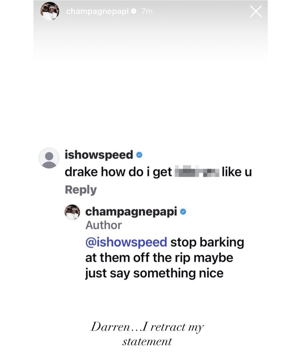 XXL's tweet photo. Drake is taking back his old advice to streamer IShowSpeed after barking for a woman during a 20v1 dating segment on his Kick stream with Stake celebrating the company’s ninth anniversary 😂

Drizzy previously told Speed to stop barking at women and “say something nice” instead, but after doing it himself, Drake reposted the old exchange and wrote, “Darren…I retract my statement.”

Speed later reacted to the moment in disbelief. “He was talking all of that sh*t and now Drake barking,” he said.
