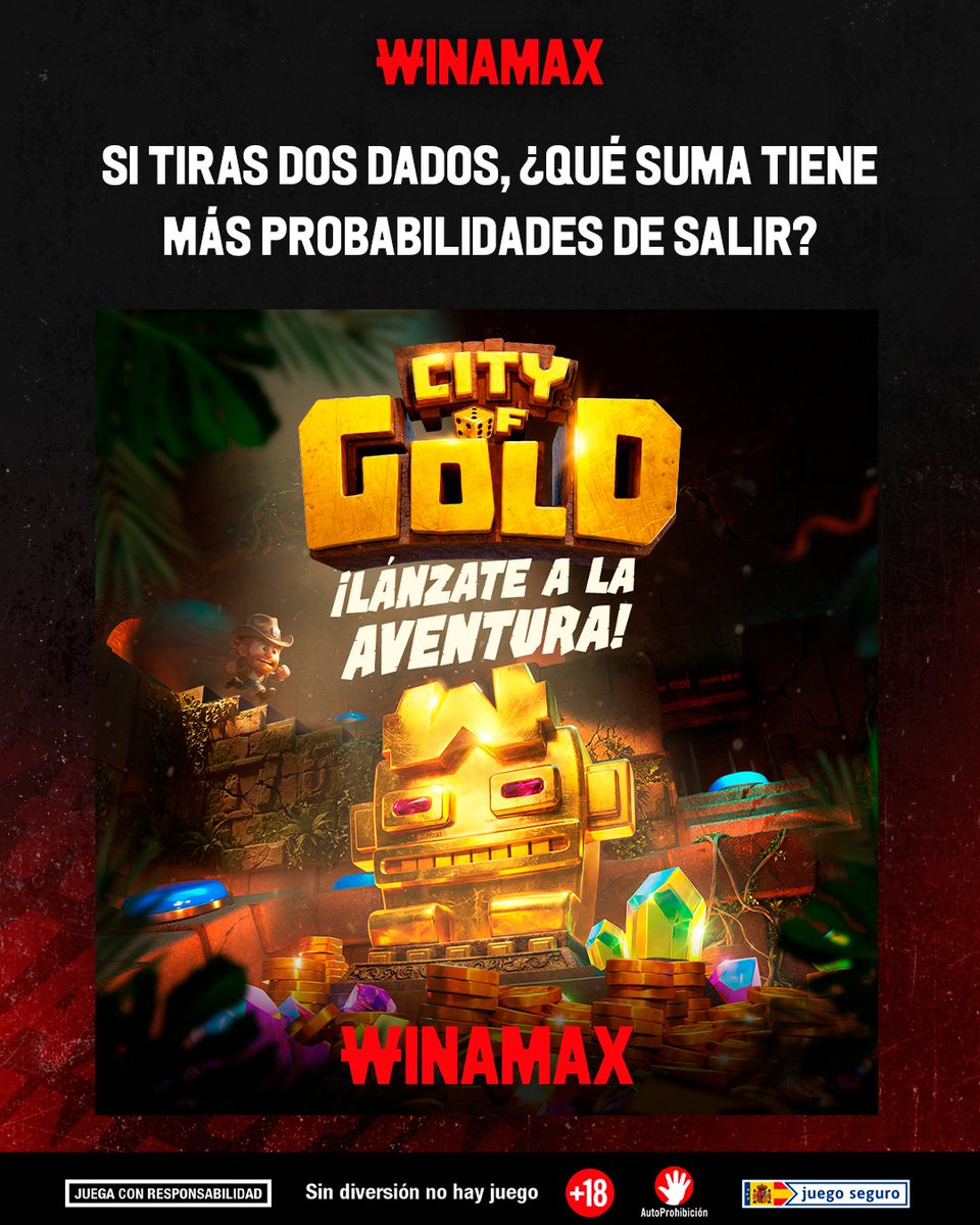 Winamax_Espana's tweet photo. 🎁 ¡SORTEAMOS 2 TICKETS DE 10 €!

🎲 En City of Gold se necesita bastante surte…

❓ Si tiras dos dados, ¿qué suma tiene más probabilidades de salir?

🔁 Síguenos + RT + Respuesta + Nick Winamax. https://t.co/XnCbgalfbM