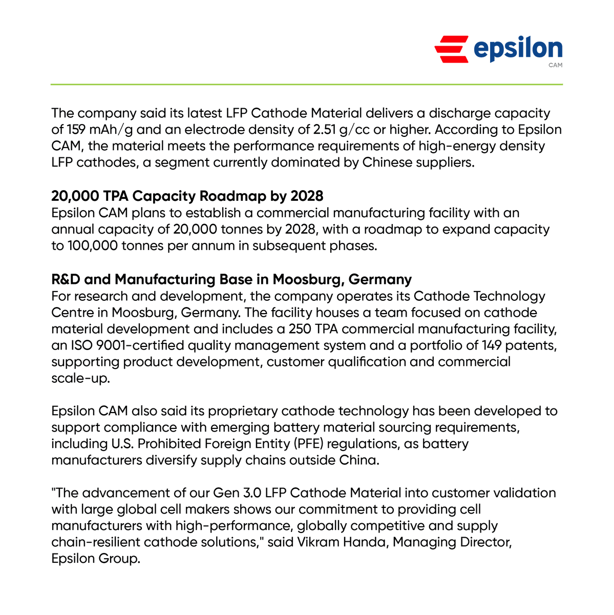 EpsilonGraphite's tweet photo. Epsilon CAM’s Gen 3.0 LFP Cathode Active Material enters global customer validation across APAC, EU &amp; US, just 4 months after launch.
With 159 mAh/g capacity &amp; 2.51 g/cc+ electrode density, we're building high-performance LFP beyond China.
Read more: https://t.co/DuAYEoCWAG https://t.co/hvEZ3uabHQ