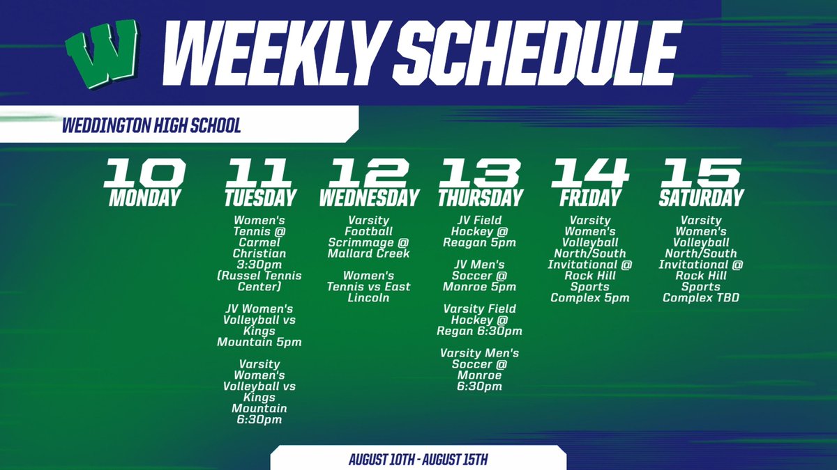 WHSwarriors's tweet photo. Weddington Athletic competition officially begins this week! Our first on campus contest will be tomorrow evening as volleyball takes on Kings Mountain. Let's Go Big Dub! @AGHoulihan @UCPSNC @UCPSNCAthletics @WeddingtonHSNC 
@NASAthleticZone https://t.co/slZPL8P7mc
