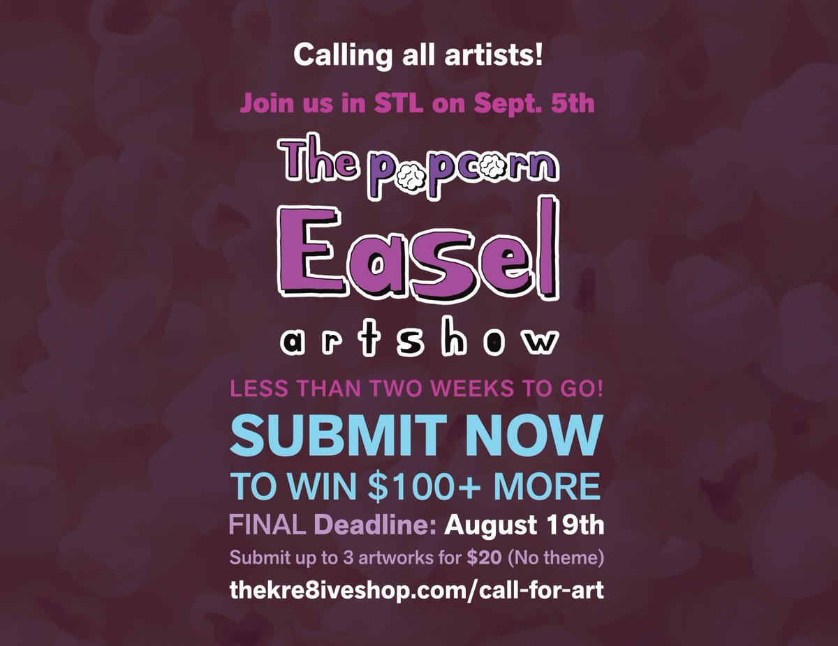 thekre8iveshop's tweet photo. Calling all STL artists (and surrounding area) 9 days to go! Submit your work for a chance to win $100! @ https://t.co/msdiRdyHUJ
Deadline: 8/19 | Submit up to 3 artworks for $20 (No theme)
#stlart #stlartist #stlouisart #stlouisartist #stlcallforart https://t.co/M2G5Zd3ib7