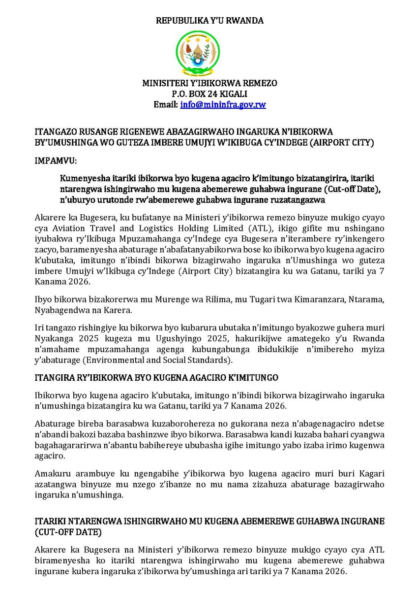 Imvaho_Nshya's tweet photo. Aviation Travel and Logistics Holding Limited (ATL): Itangazo rusange rigenewe abazagirwaho ingaruka n’ibikorwa by’umushinga wo guteza imbere Umujyi w’Ikibuga cy’Indege (Airport City)

https://t.co/bKPdNa0USU https://t.co/Qj1j8uthsk