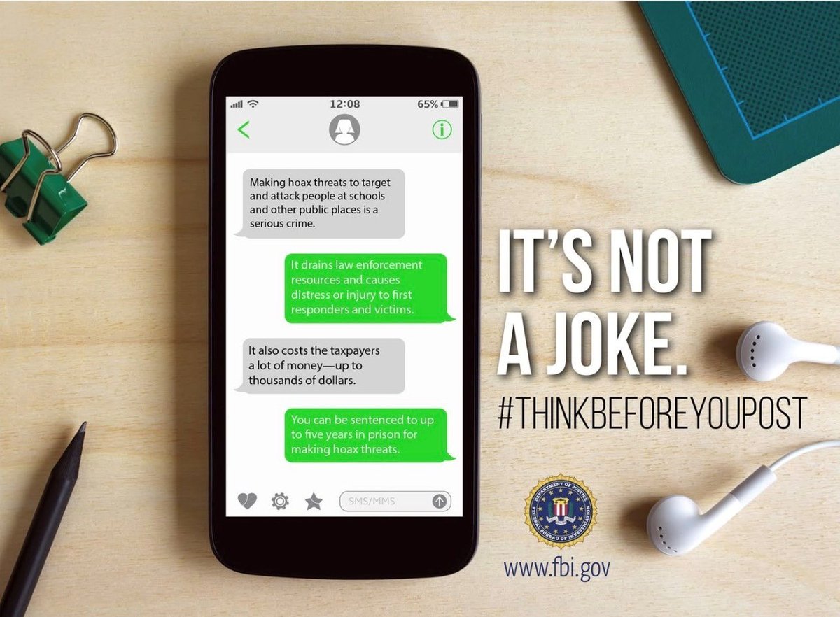 FBISanAntonio's tweet photo. With the school year starting, it's important to remember to think twice before posting any threats, even if you're just kidding. You can get federal time. 📱 #ThinkBeforeYouPost https://t.co/yFPWi4QQsn