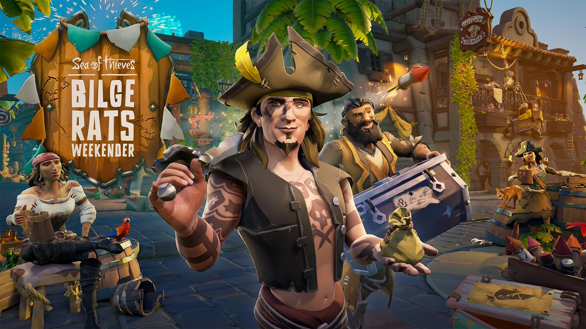 SeaOfThieves's tweet photo. The Bilge Rats Weekender returns August 14th–17th (10am UTC)! You'll find fresh opportunities to earn Doubloons by ticking off checklists of Challenges, undertaking time-limited Voyages and, with the return of Reaper Gunpowder Runs, seeking out hidden stashes of explosive loot. https://t.co/EWZiEca1ka