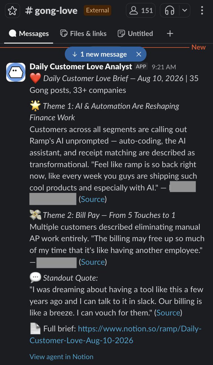 eglyman's tweet photo. One of our more useful internal channels is gong-love. Every night a sentiment bot reads our customer calls to surface themes and quotes that bring calls to life

It helps sellers articulate impact in customers' own words, share feedback to builders and make our marketing better https://t.co/zOPEK0DXg4
