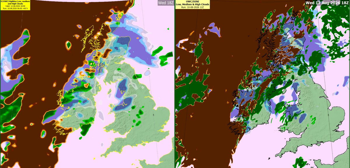 MetEireann's tweet photo. On 12 August, we will see a partial solar eclipse🌒

Above is the current cloud cover forecast for 1900 on Wednesday, August 12th - ECMWF on the left and our high resolution DINI model on the right.☁️ https://t.co/M3bhDX3Zi6