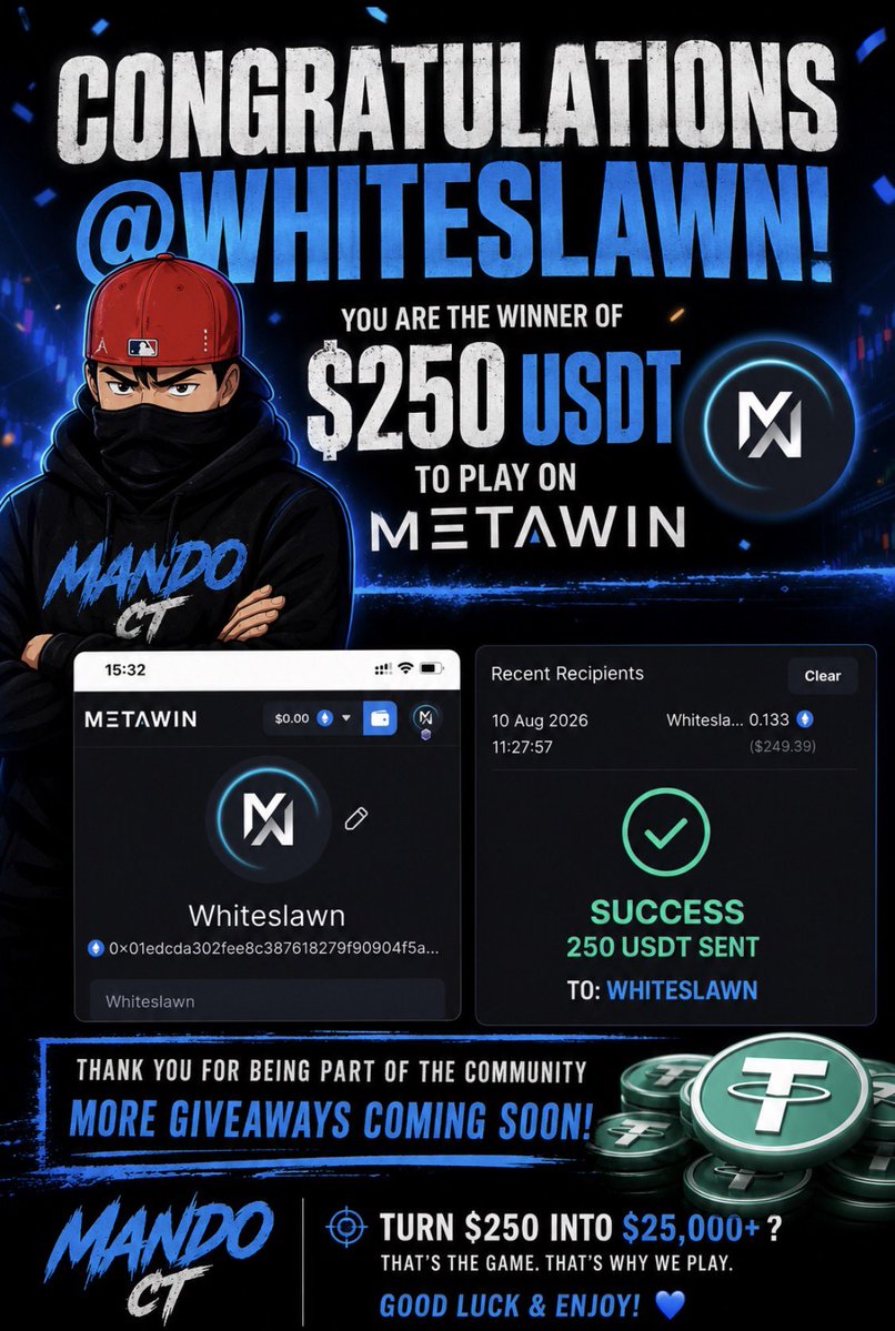 MandoCT's tweet photo. CONGRATULATIONS Whiteslawn! 🎉💰

A few days ago I said I’d pick someone from the replies and send them $250 to play on MetaWin.

Promise kept. 🤝

Just sent the winner $250. ✅

I love being able to give something back to the community that’s supported me for all these years. 💙

Enjoy it mate — and hopefully you can turn that $250 into something MUCH bigger. 😂

Who wants me to do another giveaway? 👀