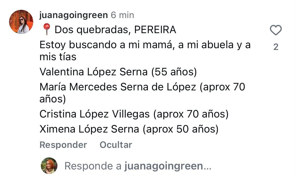 DanielaLpezMuo3's tweet photo. Ayudo a difundir a personas que buscan a sus familiares en Pereira y alrededores. 🙏🏽 https://t.co/gyvqv7EBAe