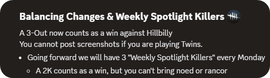 HensDBD's tweet photo. The DBD Cross Off Community have decided Twins is so oppressive that they need to be permanently banned
Totem Twins is hilariously overpowered against Solos, definitely the killer profiting the most from the totem meta but I barely see anyone run it