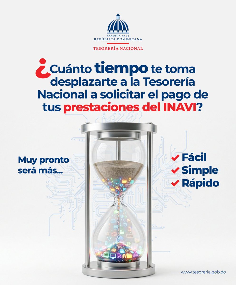 TesoreriaRD's tweet photo. ⏳ ¡Menos tiempo, más facilidad!

Solicitar el pago de tus prestaciones del @inavi_rd ahora puede ser más fácil, simple y rápido. 🙌

Evita desplazamientos innecesarios y aprovecha las soluciones que la Tesorería Nacional pone a tu alcance. 📲

#TesoreríaNacional #INAVI https://t.co/wcqn3tyrHD