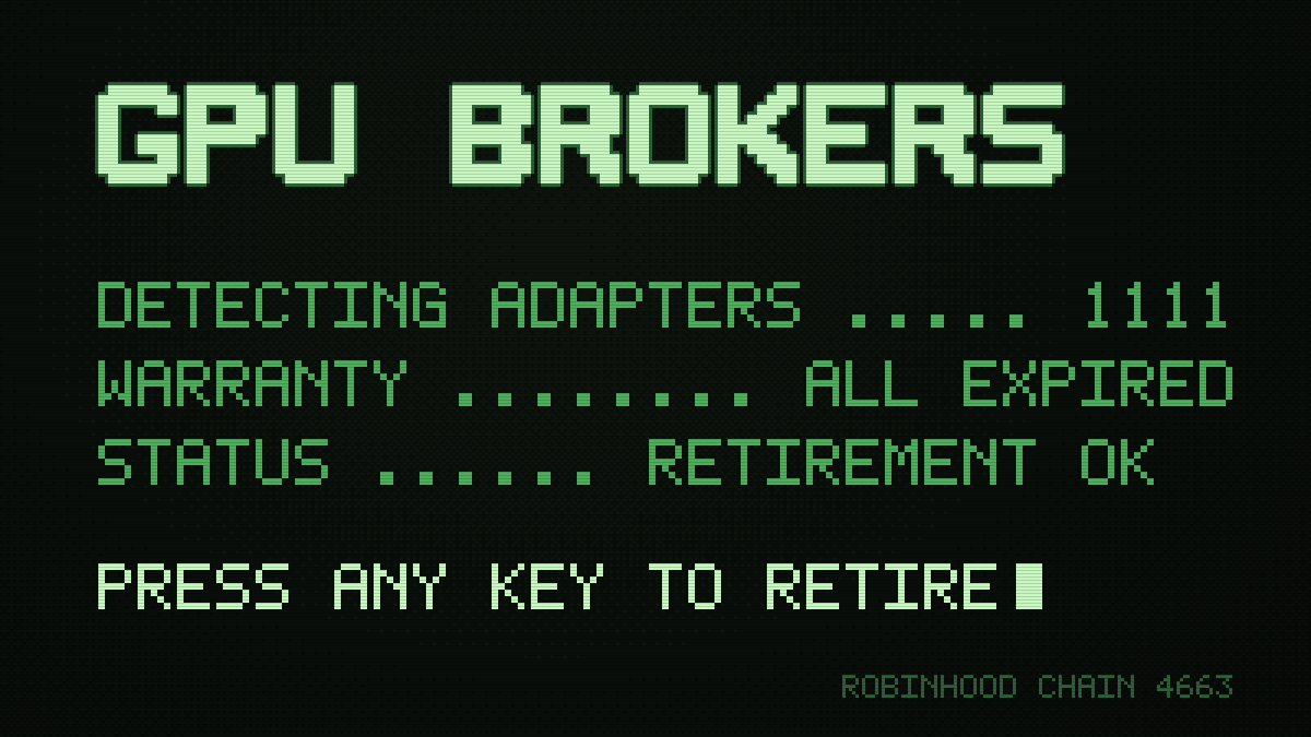 gpubrokers's tweet photo. Introduction GPU Brokers.

1111 old graphics cards, retired and drawn as pixel portraits of the men who owned them.

The token's trading fees buy tokenized NVDA, and owners claim from that vault by tier.

Minting on Robinhood Chain.

Coming soon. https://t.co/vvE9s1dCjh