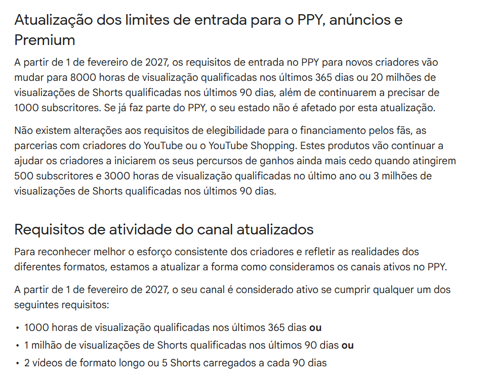 SrLinguicaVIVE's tweet photo. Se vc está na busca de monetizar seu canal no Youtube, é bom se apressar.

A partir de 1 de fevereiro de 2027 será necessário:
- 8000 horas de visualização qualificadas nos últimos 365 dias ou 20 milhões de visualizações de Shorts qualificadas nos últimos 90 dias
- 1000 inscritos

O número de horas necessárias para vídeos convencionais e shorts dobrou!