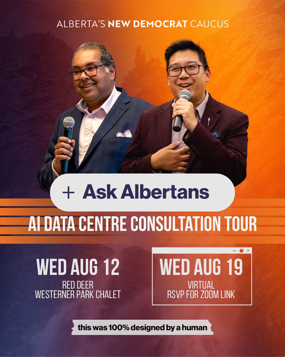 nenshi's tweet photo. After such an amazing turnout at our last AI data centre consultation meeting, we've added a virtual session to be able to hear from even more Albertans! 

RSVP for our Red Deer session on August 12 or the virtual session on August 19th:  https://t.co/4s2pYF4GCe https://t.co/39bpsQxhS5