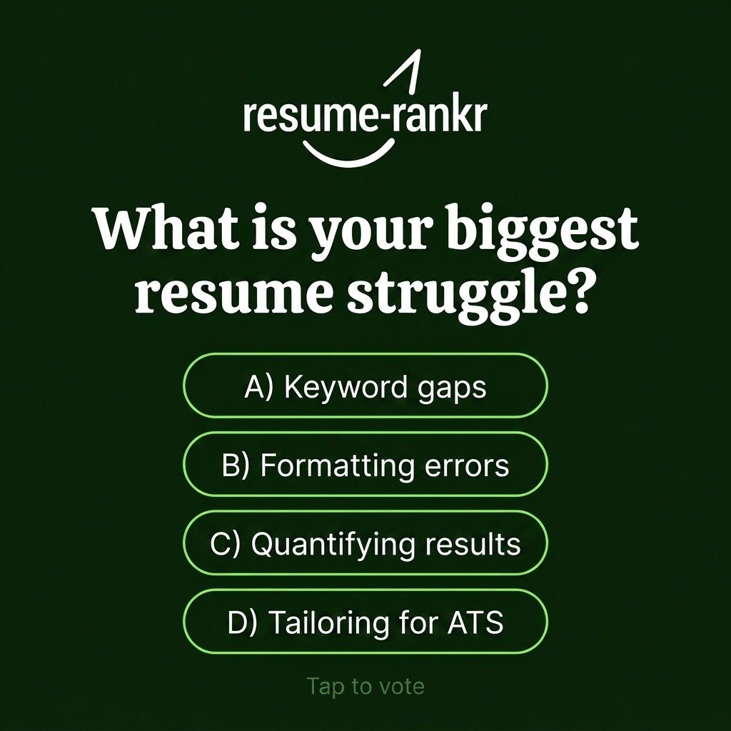 RRankr81793's tweet photo. What is the hardest part of writing a resume?
Is it writing your summary, describing your experience, choosing keywords, or tailoring every application? Vote and help us choose the next tutorial.
Vote in the poll.
#ResumeHelp #CareerQuestions #JobSearchCommunity #ResumeRankr https://t.co/stH45zBgEm