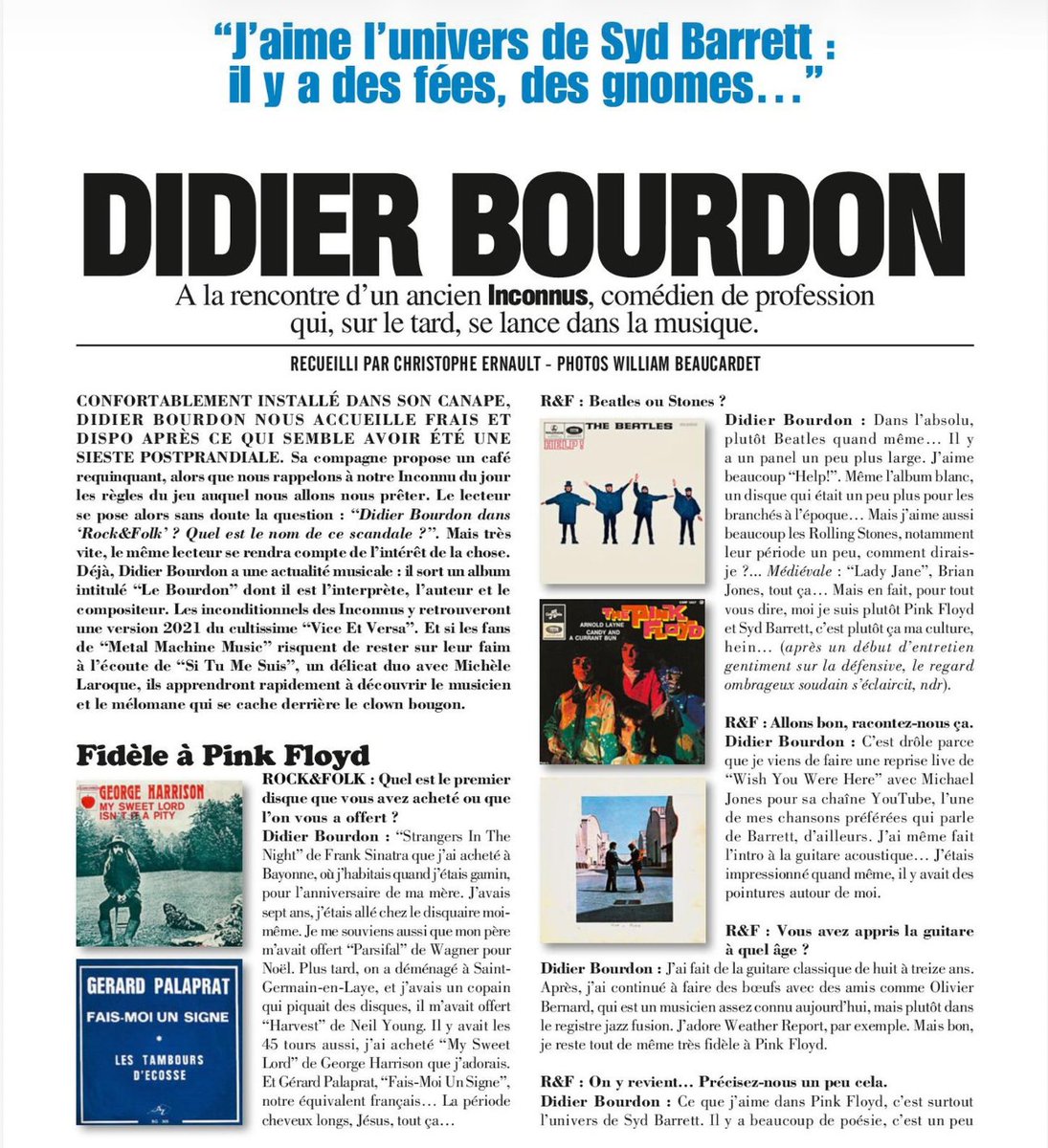 SchnockRevue's tweet photo. Il y a 5 ans pile, j'interviewais Didier Bourdon à propos de ses disques préférés pour le compte de "Rock &amp; Folk". Ne m'attendant à rien de spécial, ma surprise fut grande quand je découvris un fan tatoué de Syd Barrett et Pink Floyd.
Schnockissime. https://t.co/gGoWYQ7vuA