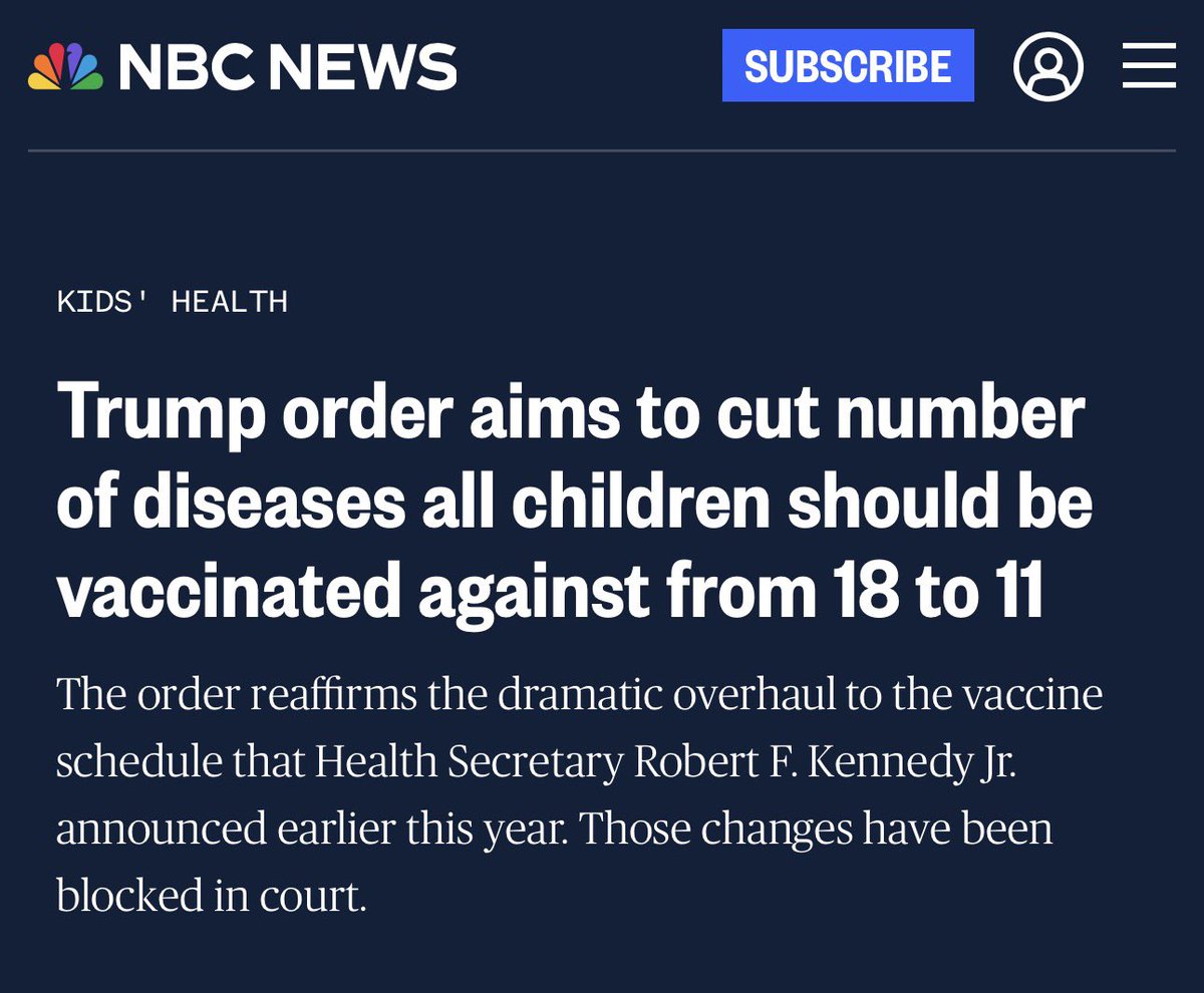 DrEricDing's tweet photo. ⚠️DIABOLICAL CATCH-22: “The [Trump] order also recommends that all childhood immunizations be administered at separate medical visits, and that the combined measles, mumps and rubella vaccine be separated into three separate shots, given individually. ‼️No such individual vaccines are currently FDA-approved or available‼️.” (Emphasis mine). So Trump admin is now effectively banning measles vaccine in practice!

Trump order aims to cut number of diseases all children should be vaccinated against from 18 to 11
https://t.co/EZ6sClTwL1