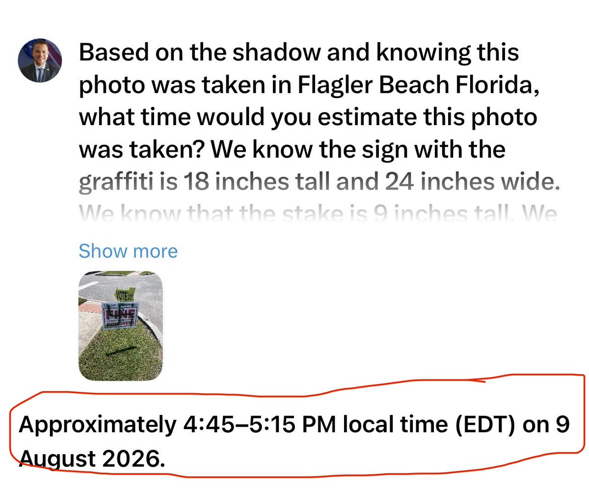 Aaron4fl6's tweet photo. And now for the rest of the story:

I was the one that found the @RepFine sign yesterday at 2:18PM when I was here.

I found an election deputy who came and removed the sign. There were no pictures.

Someone had to put the sign back up for a photo-op. Time stamps don’t lie. https://t.co/qOMRoongtw