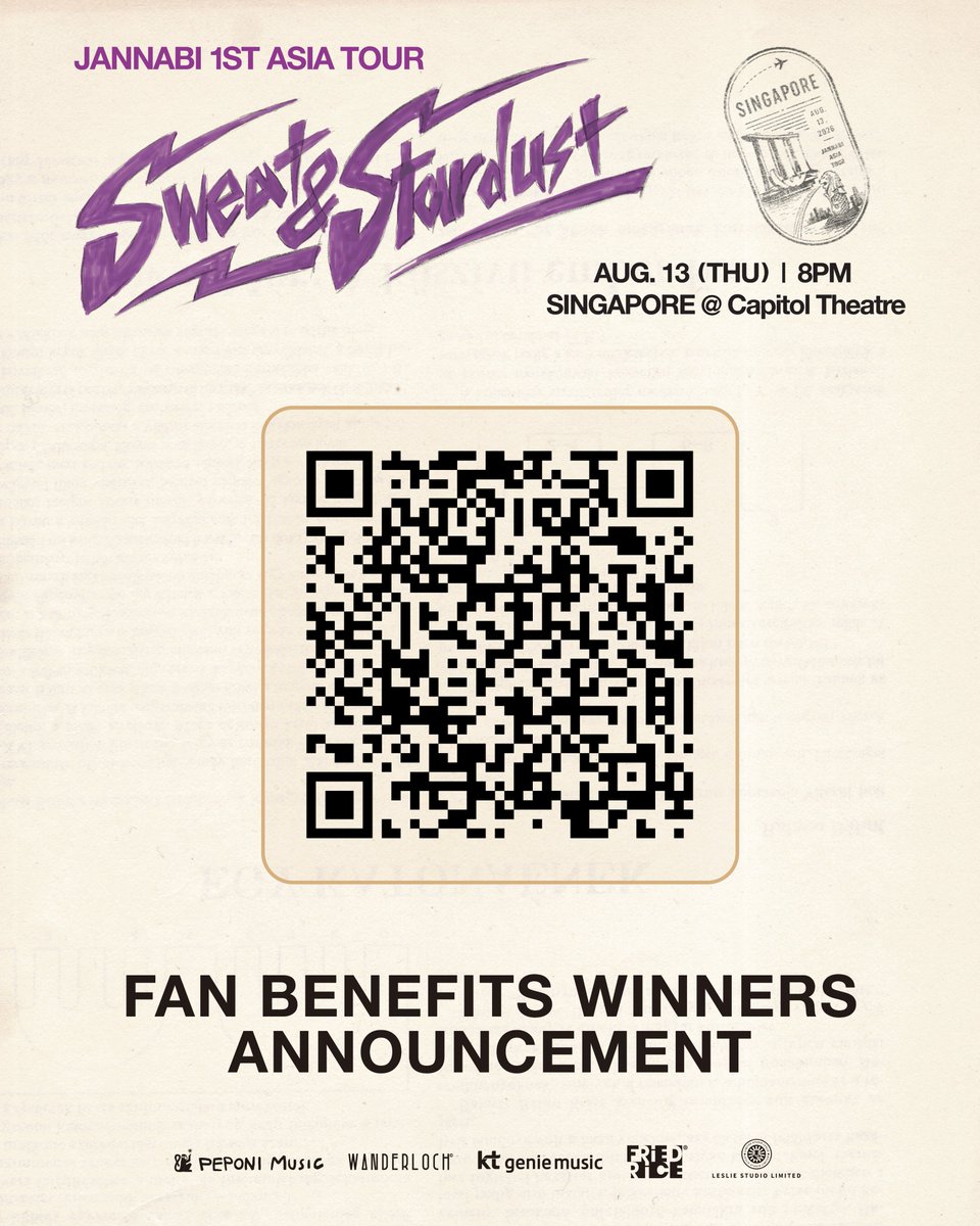 friedrice_live's tweet photo. JanFans, did your 𝓦𝒊𝐬𝓱 come true? 🍀

Check if you're one of the lucky winners: https://t.co/8qyKzjAthp

🇸🇬 JANNABI 1st Asia Tour : Sweat & Stardust in Singapore

📅 Date: 13 August 2026 (Thu)
⏰ Time: 8PM
📍 Venue: Capitol Theatre

🔗 Ticketmaster: https://t.co/GJSVb7e8nm

#JANNABI #잔나비 
#JANNABI1stAsiaTourSG
#JANNABI_SweatandStardust_SG
#FriedRiceEnt #LeslieStudioLtd
