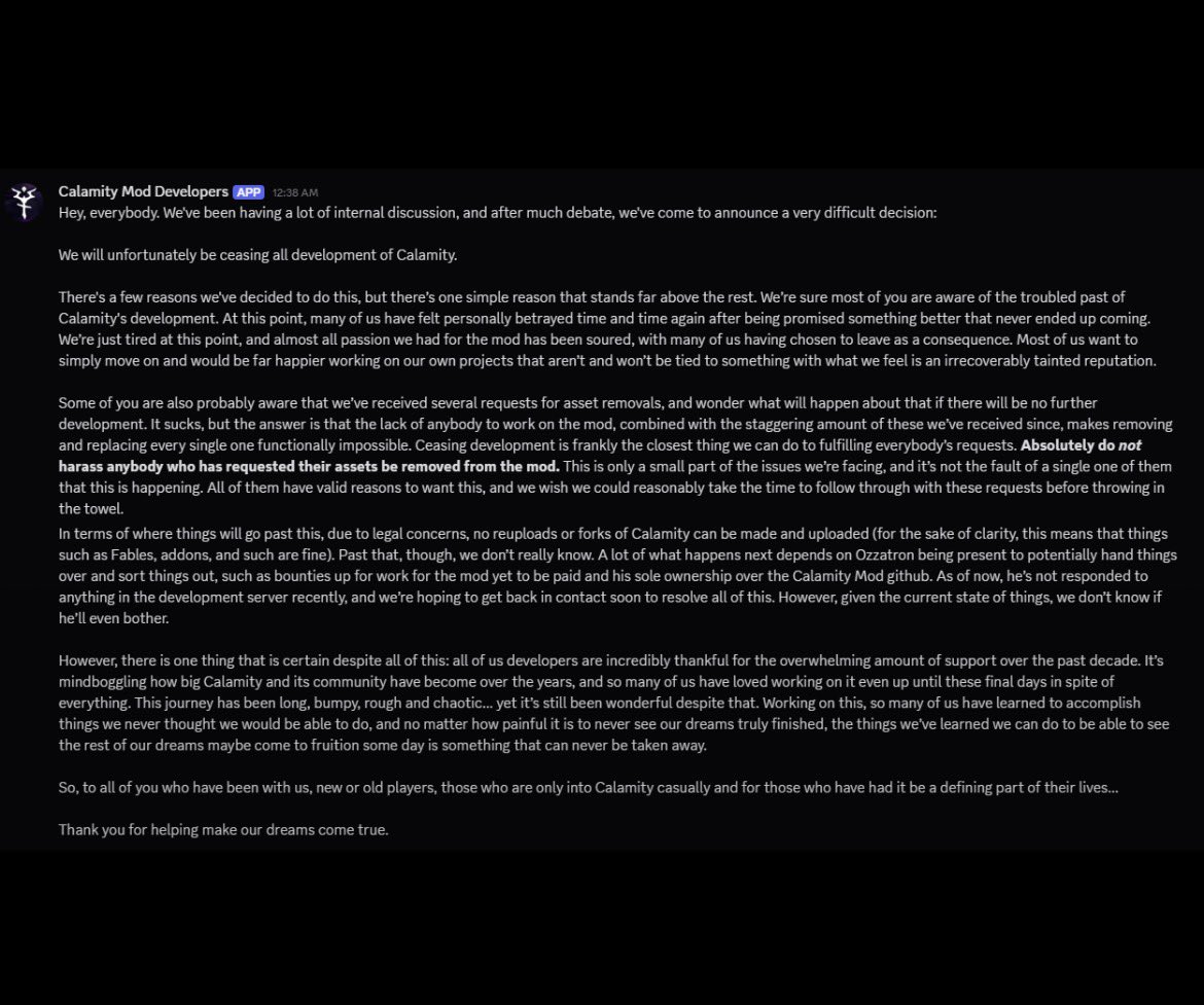 Pirat_Nation's tweet photo. Terraria’s Calamity mod is shutting down after nearly 10 years.

The mod’s new lead developer faced grooming allegations, leading to major controversy within the community.

The Calamity team cited his “troubled past” and an “irrecoverably tainted reputation” as reasons for ending development.

Calamity launched in 2016 and became one of Terraria’s biggest mods