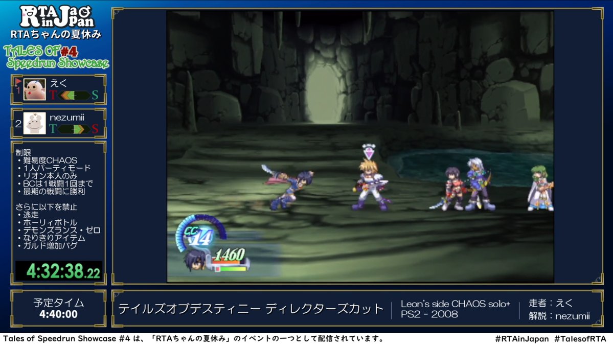 game_yarikomi's tweet photo. テイルズオブデスティニー ディレクターズカット RTAまとめ #TalesofRTA #RTAinJapan
・最高難度のカオスでリオンのひとり旅に挑むRTA
・エンカ無効のホーリィボトルも逃走も禁止のトンデモレギュ
・解説はスタンサイドの世界記録保持者（直前のポーカーで破産）
・ザコ戦でもワンパン（自分が）
・レベル14（レベル5）
・アンケート：短剣として「まつたけ」を装備しますか？→「する：97%」
・ｹﾞﾝｴｲｼﾞ ｹﾞﾝｴｲｼﾞ ｹﾞﾝｴｲｼﾞﾝｯ
・耐えた（絶えた）
・打撃耐性防具ゲットで被ダメージ7割減
・味方だけ没収された無敵延長
・バティスタが強すぎて中に人入ってる疑惑
・ウッドロウ≒無印版ホーリィボトル
・走者「火力低いのかな……」解説「なんででしょうねぇ」
・最後までストーンウォール大活躍
・速攻で秘奥義を撃ってくるスタン

走者：えくさん @Eccle_v
解説：nezumiiさん @nezumii2