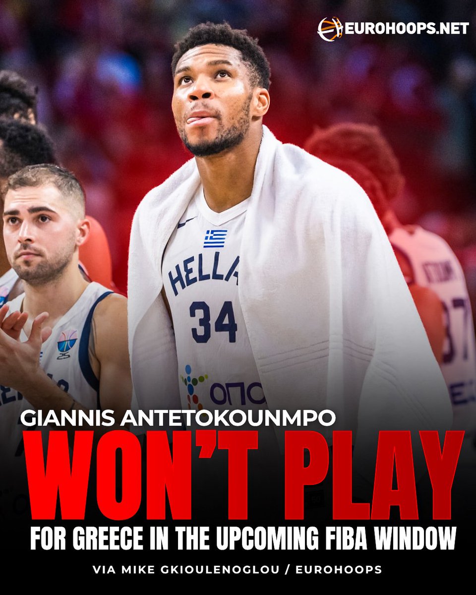 Eurohoopsnet's tweet photo. 😕❌ Giannis Antetokounmpo will miss the upcoming games for Greece due to a request by the Heat  

👀 The franchise wants him to travel to the United States early to integrate into their preseason training schedule ahead of the 2026–27 Regular Season https://t.co/BJtmocN7LY