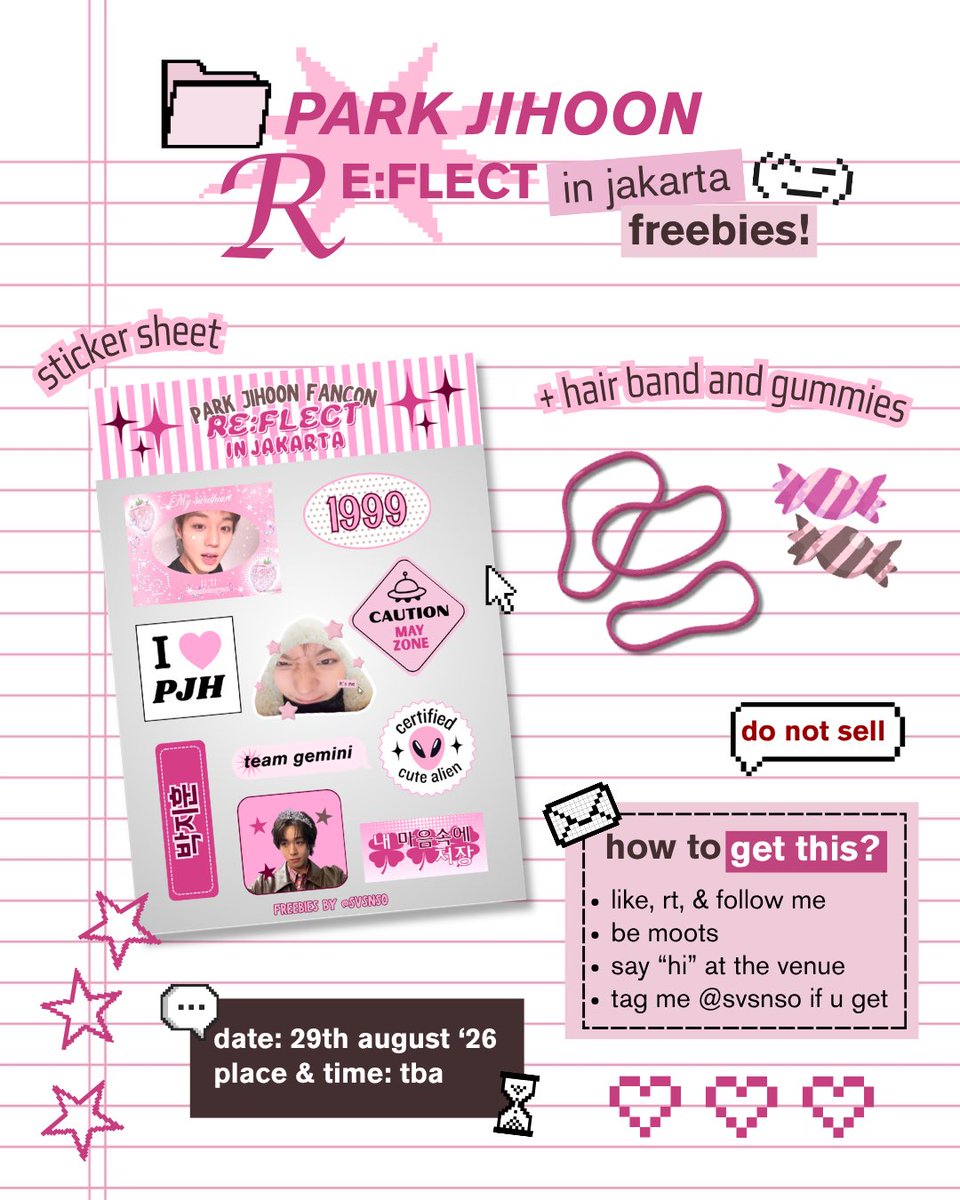 svsnso's tweet photo. ♡゙ PARK JIHOON RE:FLECT IN JAKARTA ⋆˚꩜｡
FREEBIES by @svsnso .ᐟ

🪽29th august
🪽spike air dome pik 2
🪽limited qty, dm for trade

see you, MAYs <3

#박지훈 #PARKJIHOON #REFLECTInJakarta https://t.co/QefLjEkejW