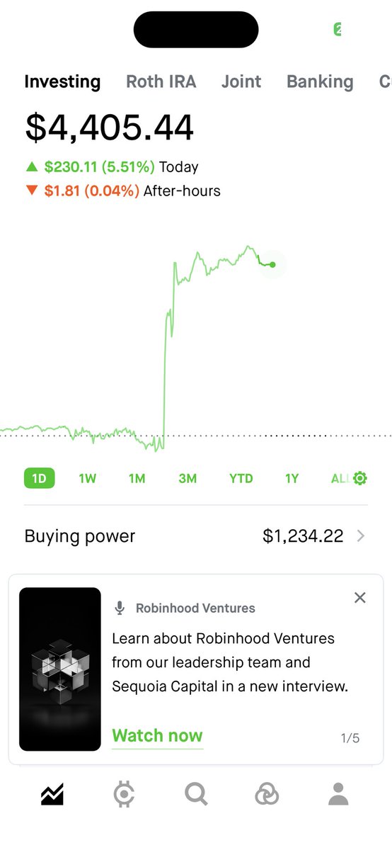 TheRetailTrades's tweet photo. Up 5.51% 📈📈 today on some option scalps and still holding $SOFI and $HOOD. Goal is to be at 5k by end of week or at least close to it. https://t.co/Yy4Cghxalp